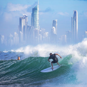 Seascape print of surfers at Burleight Heads looking nother to Surfers Paradise, Gold Coast