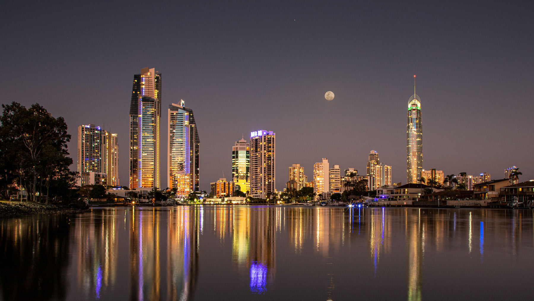 Landscape photograph of moon rising over Surfers Paradise